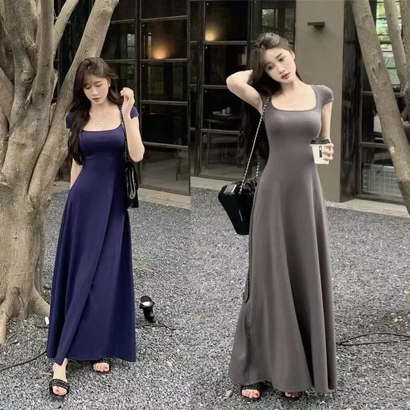 Square Neck Short Sleeves Waist-fitted Long Skirt