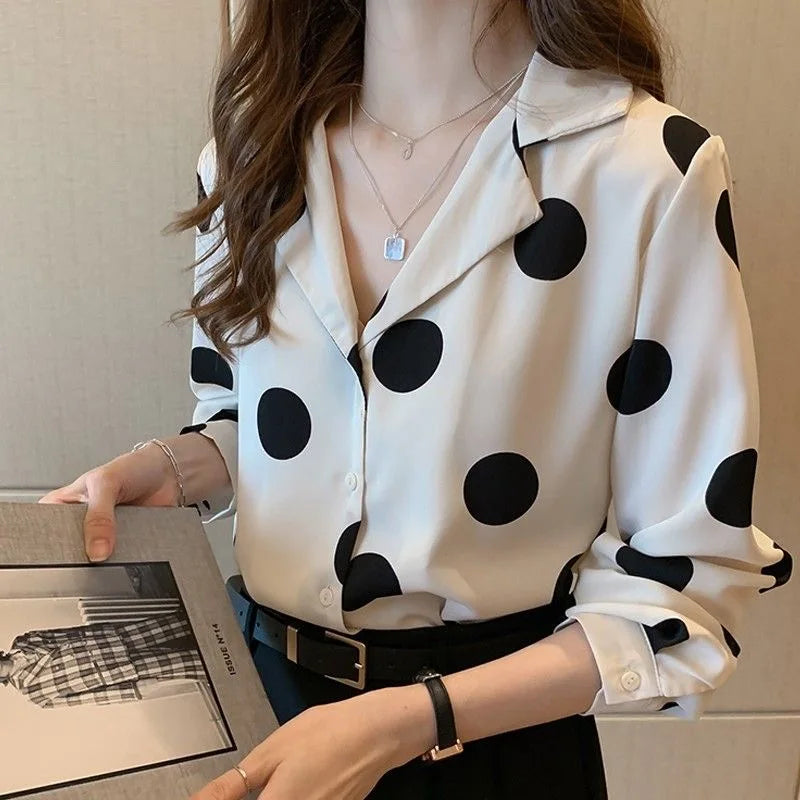 Polka Dot Elegant Lapel Button-up Blouse