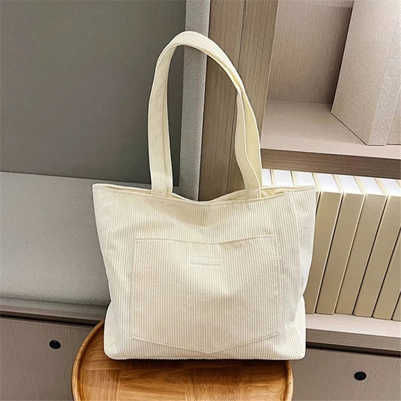Corduroy Shoulder Tote Bag, Large Capacity