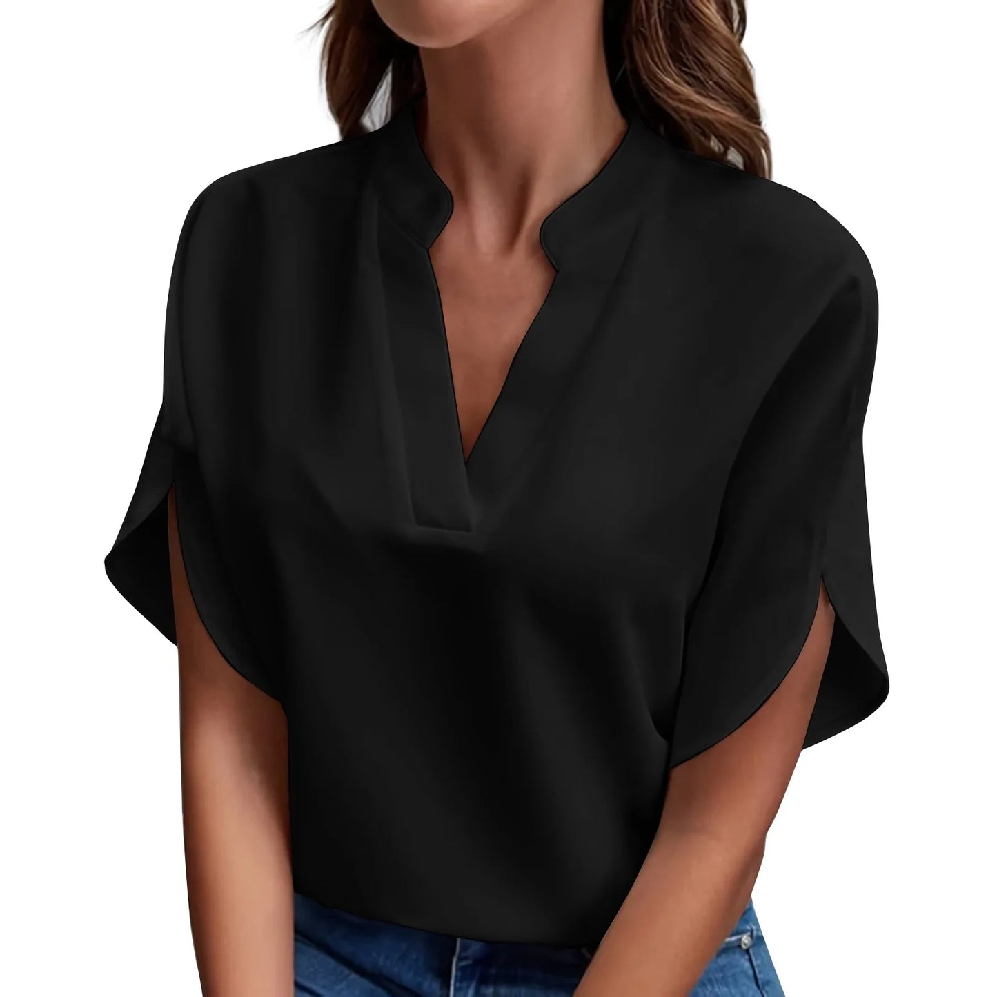 Short Sleeve Solid V Neck Loose Blouses