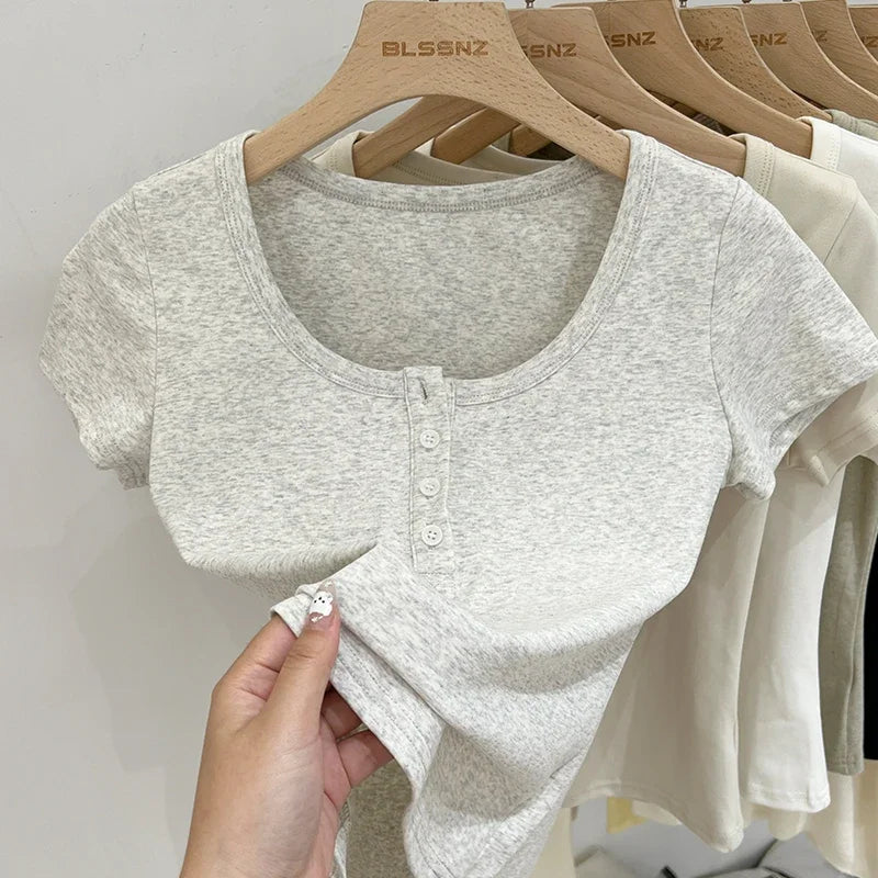 Button T-Shirt Cotton Slim  Short Sleeve Top