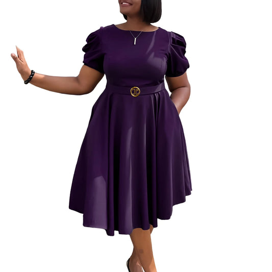 Short Sleeve Belt Waisted Pleated Mid Calf