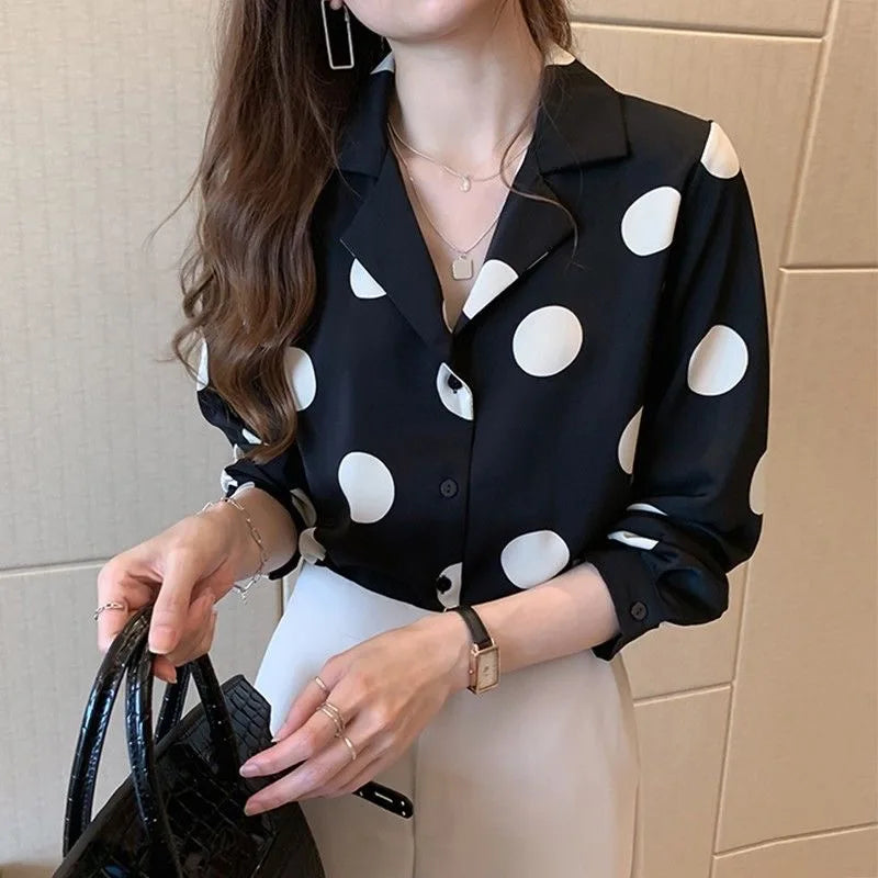 Polka Dot Elegant Lapel Button-up Blouse