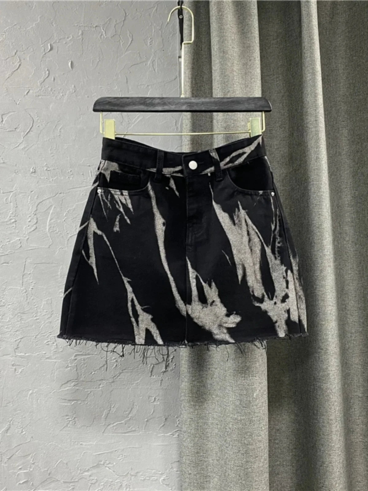 Black Gray Tie Dye Denim Skirt Fringed