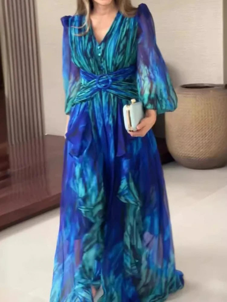 A-line V-neck High Waist Print Chiffon Dress