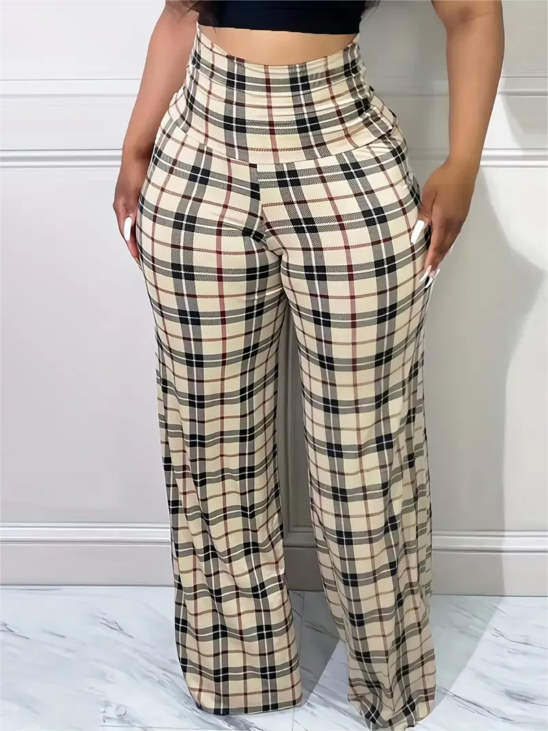 Plaid Wide Leg Pants High Waist Casual