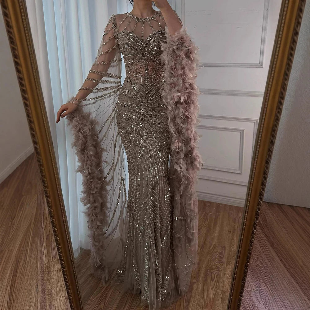Customized Caramel Beaded Mermaid Evening Dress