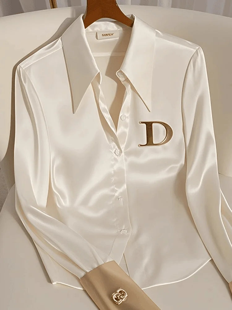 French Women's White Satin Shirt Turn-down Collar