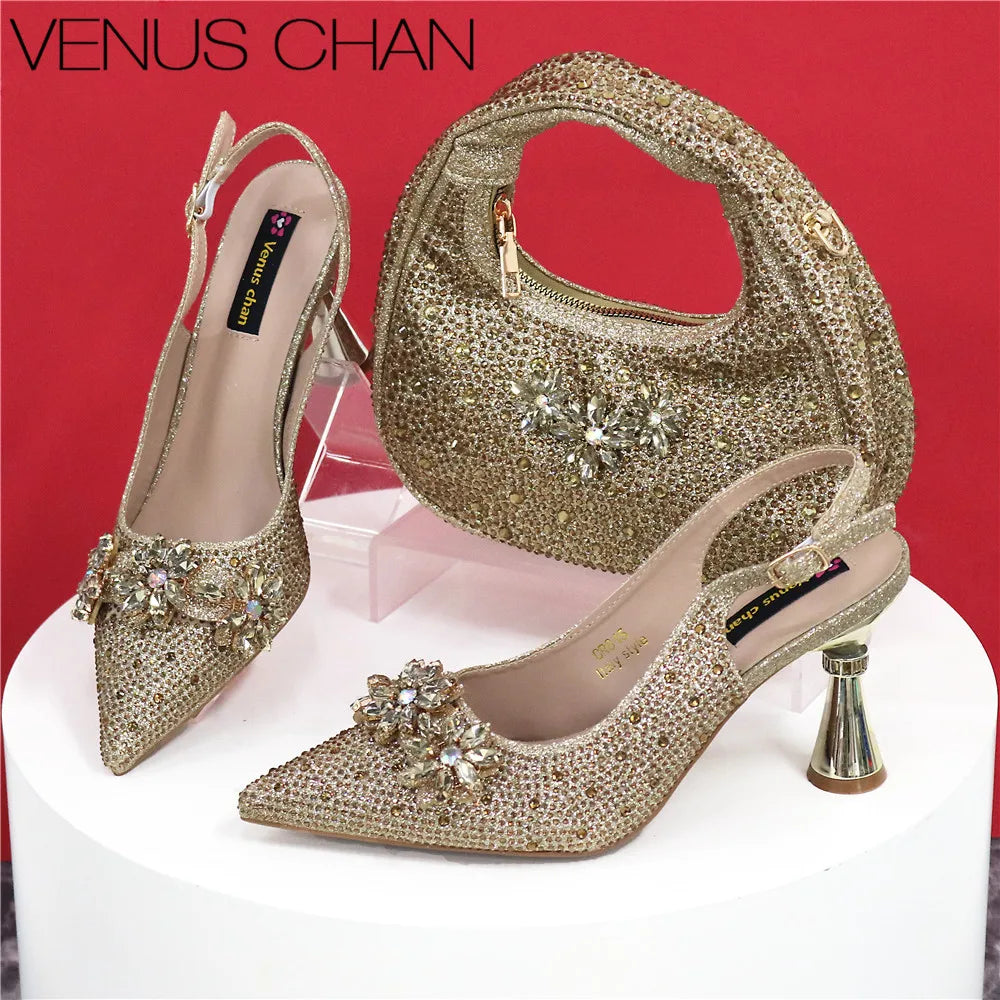Pointed Toe High Heels,  Bags Set With Rhinestone