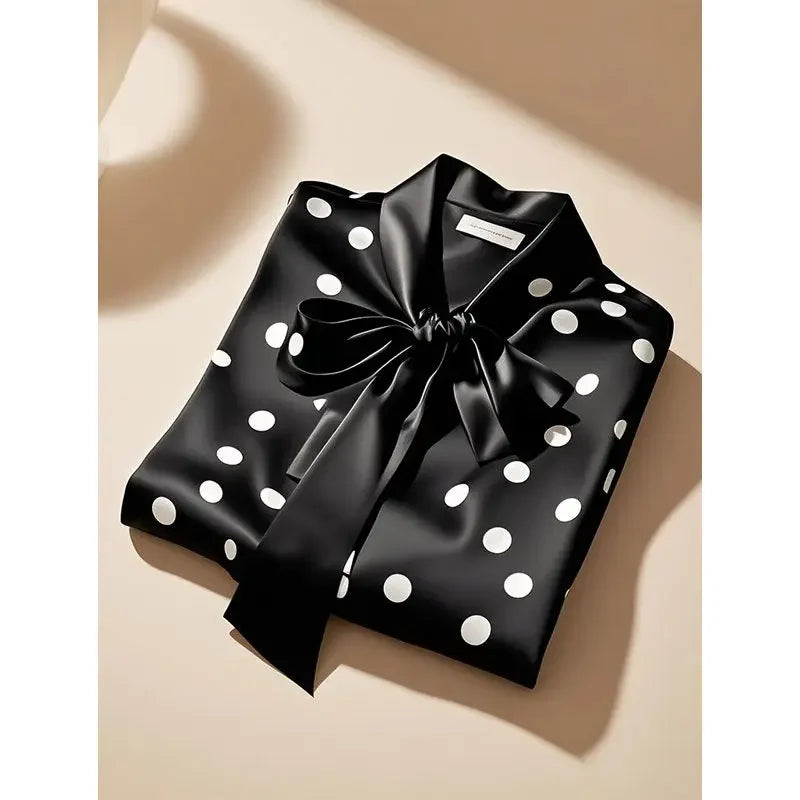 Satin Polka Dot Print Shirt Lace-up Bow