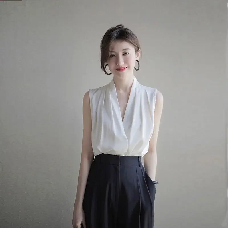 Blouses Sleeveless  V Neck Work White