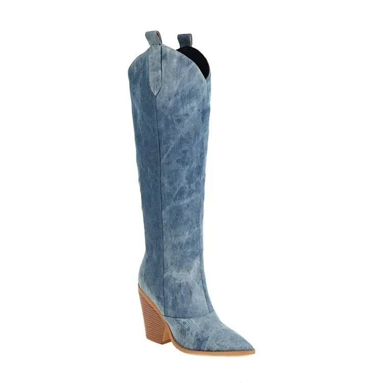 Denim Western Knee  High Boots High Heel