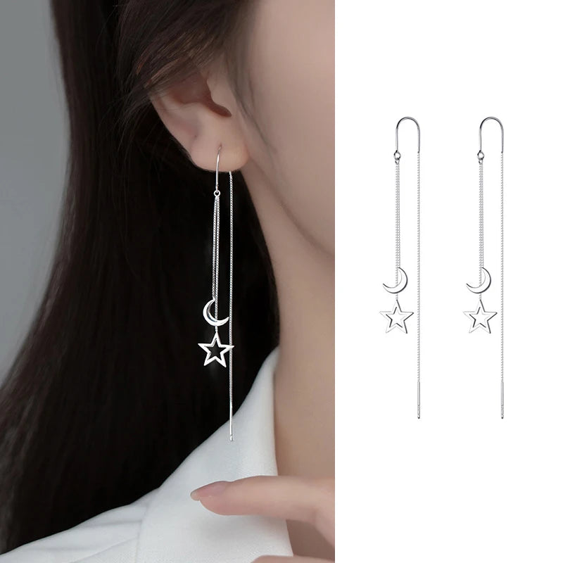 Silver Needle Star Line Tassel Drop Earring