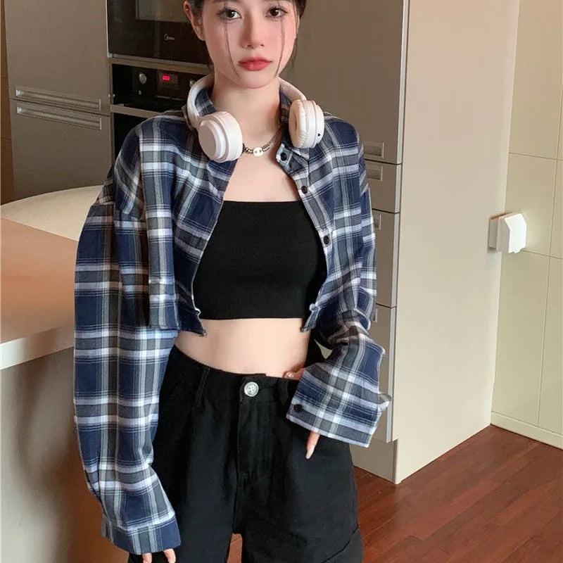 Plaid High Waist Loose  Crop Tops