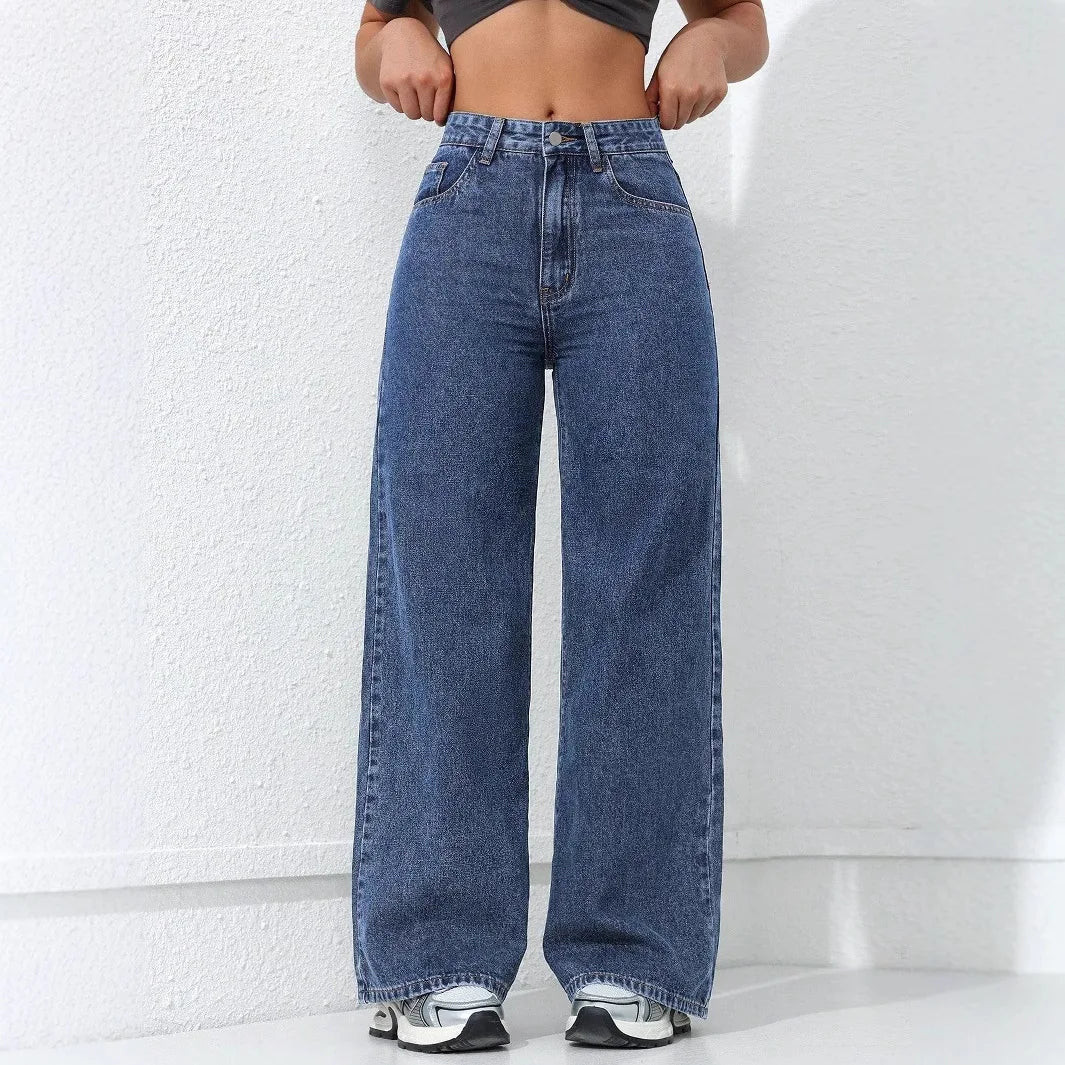 Wide Leg Jeans Pocket High Elastic Waist