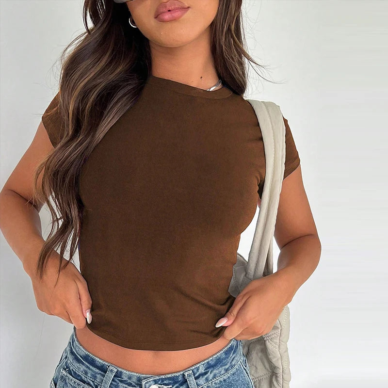 Sexy T-shirt Solid ,O-Neck Short Sleeve Top