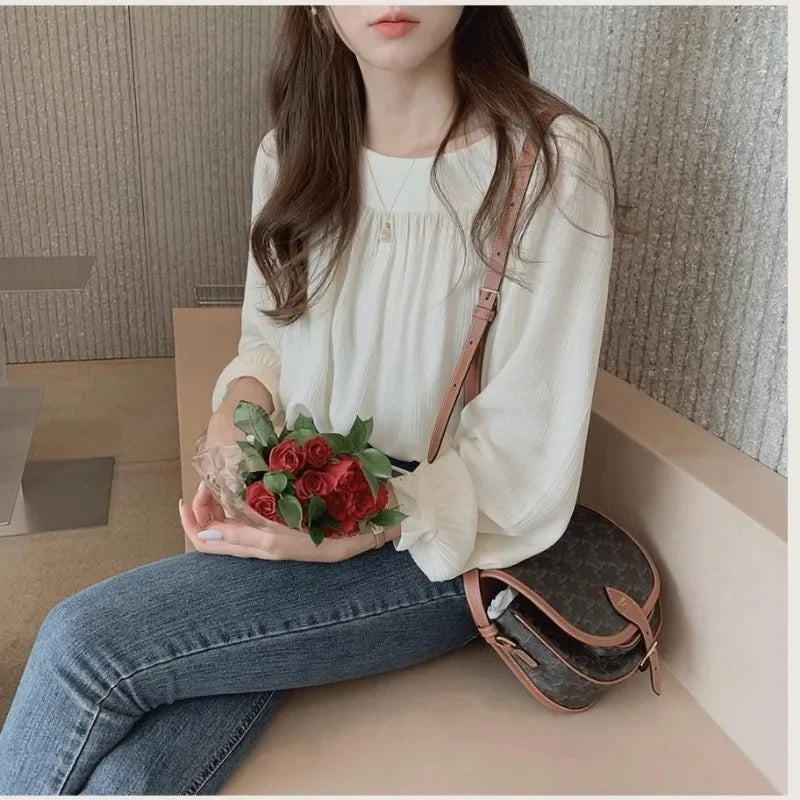 Gray/ Apricot Blouses Long Sleeve