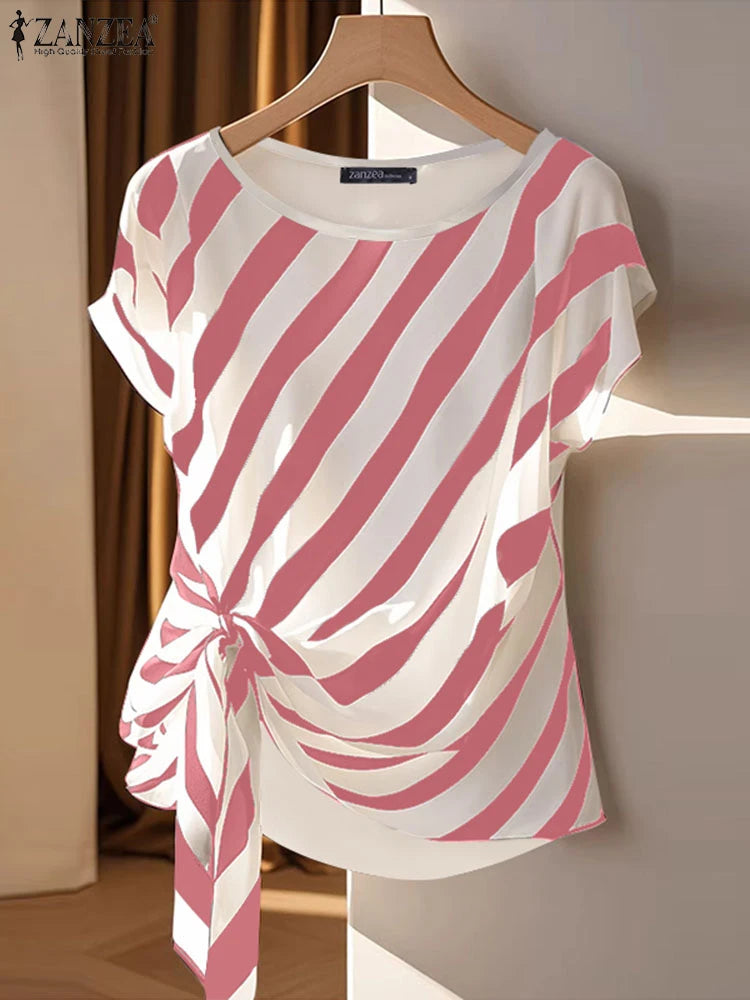 Striped Printed  Short Sleeve Blouse Casual