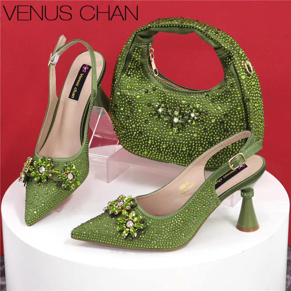 Pointed Toe High Heels,  Bags Set With Rhinestone