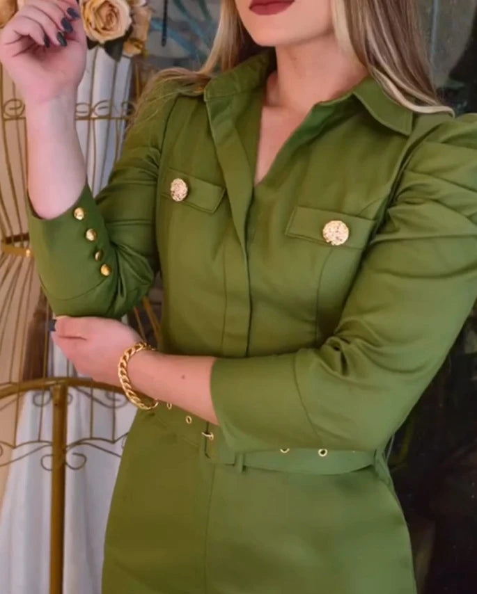 Long Sleeve Button Decor Front Slit Dress