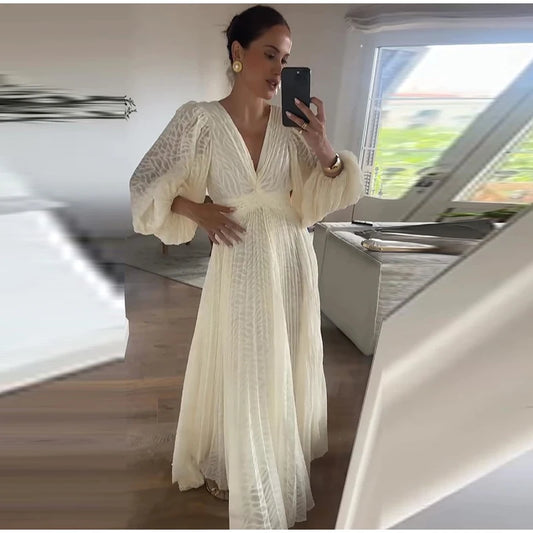 V-neck Backless Bubble Sleeve Holiday  Evening Gowns