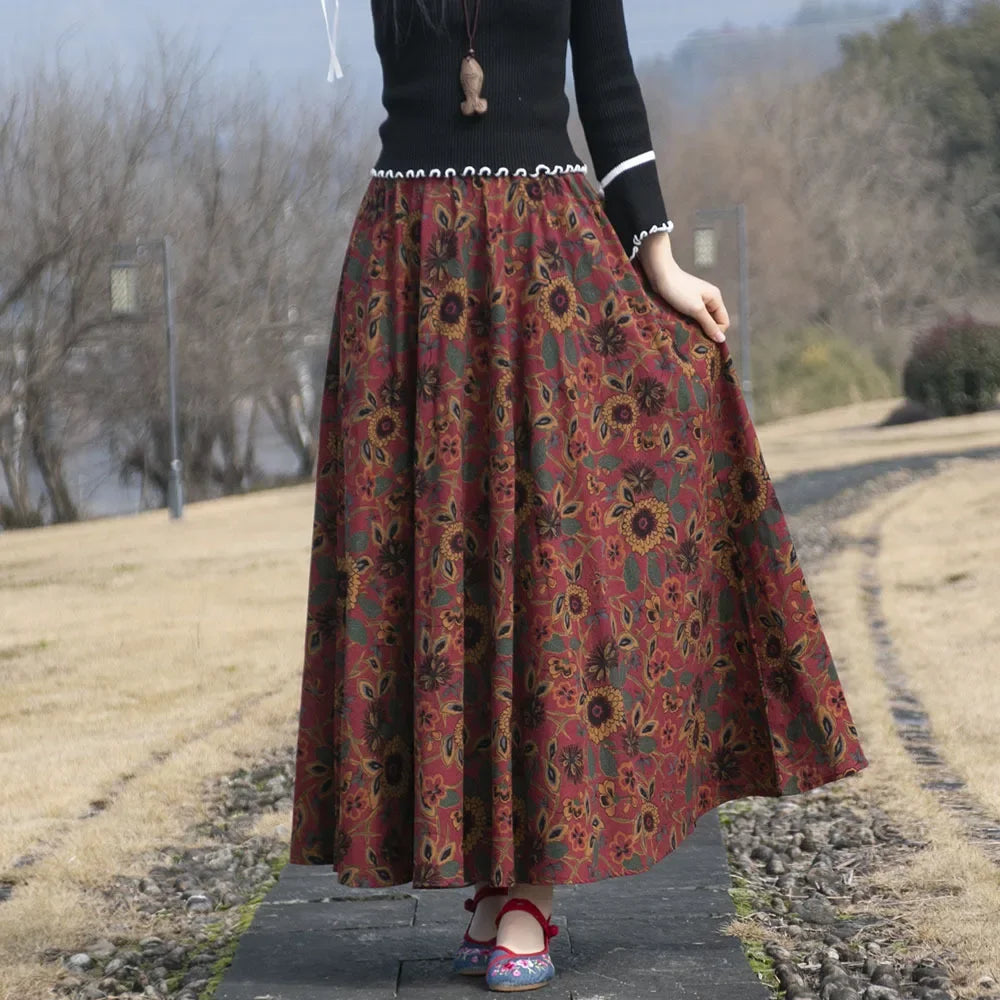 Cotton Linen Print Long Skirt Vintage