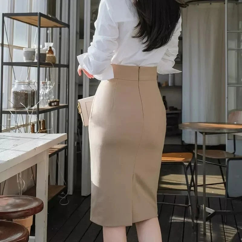 Khaki Midi Skirt with Slit High