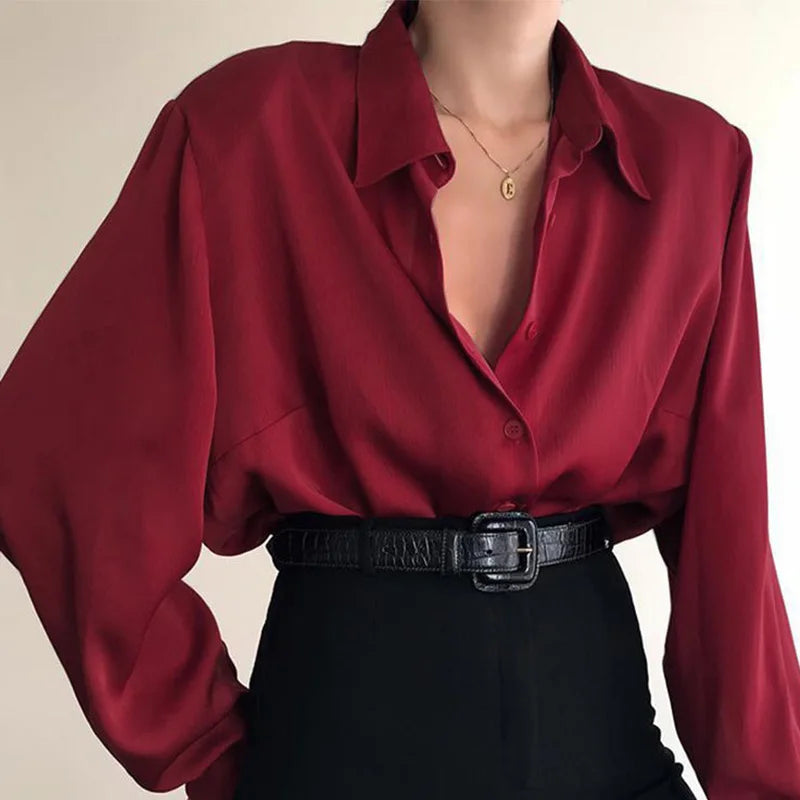 Button Blouses Turn Down Collar Long Sleeve