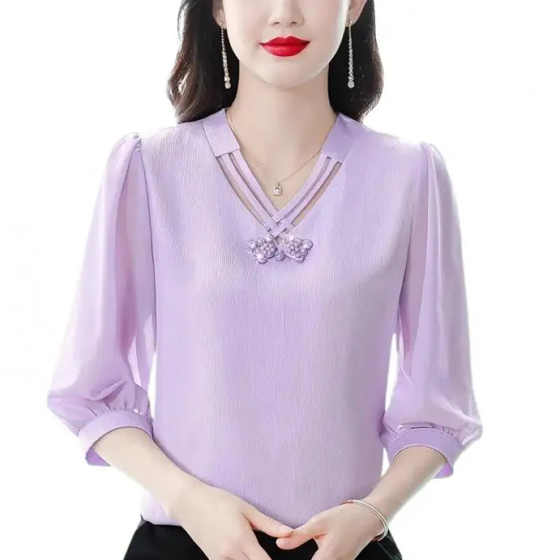 V Neck  3/4 Sleeve Pullovers Chiffon Blouse