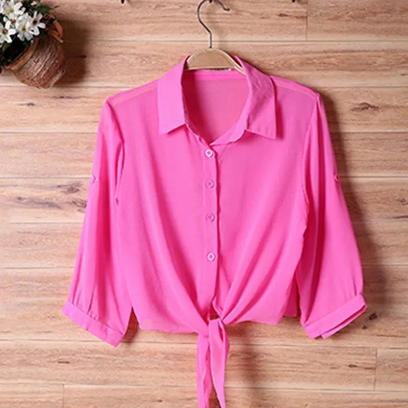 Thin Short Sleeve Chiffon Button Up Shirts