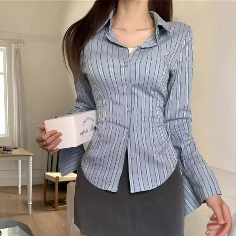 Blue Striped Long Sleeve Shirt Waist Cinching
