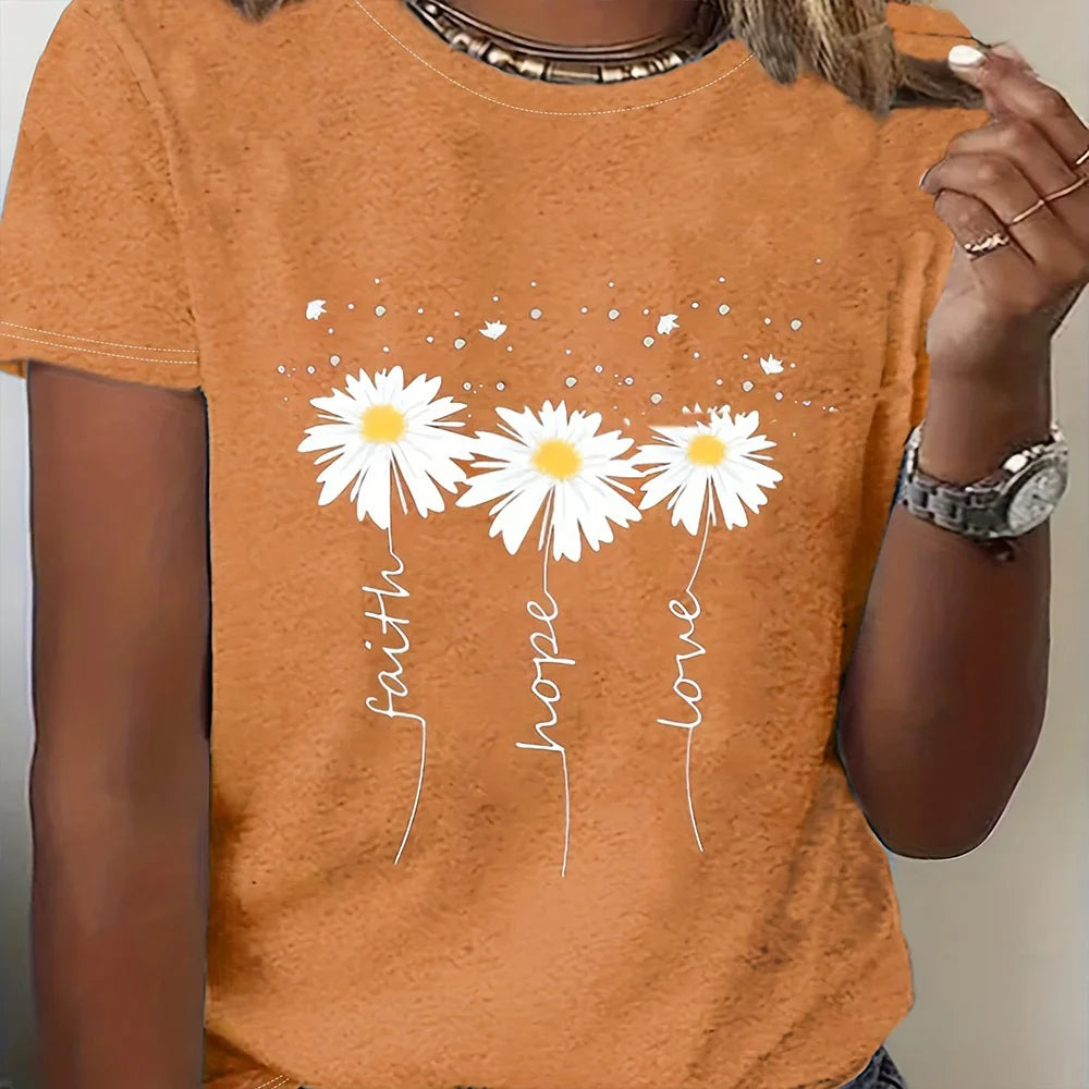 Flower Print Loose Round Neck  Short Sleeve