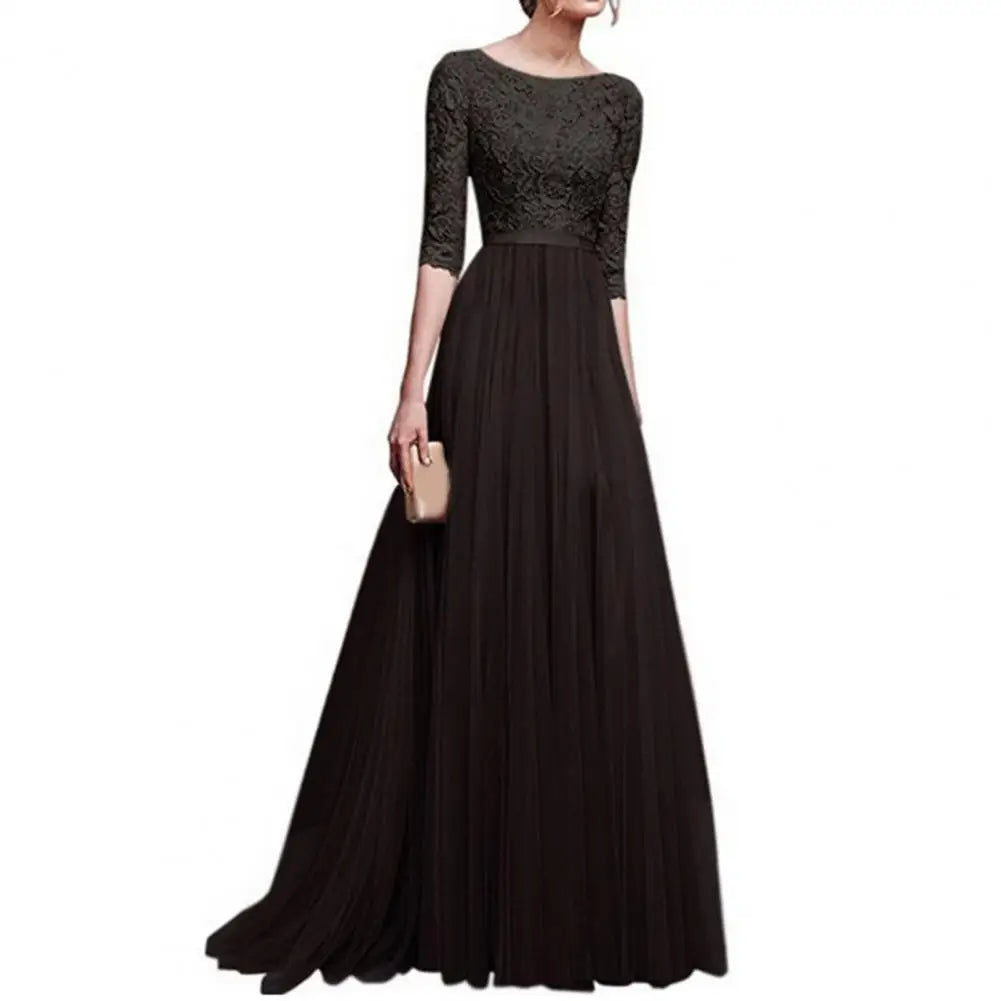 Maxi Dress Lace Flower Embroidery Pleated
