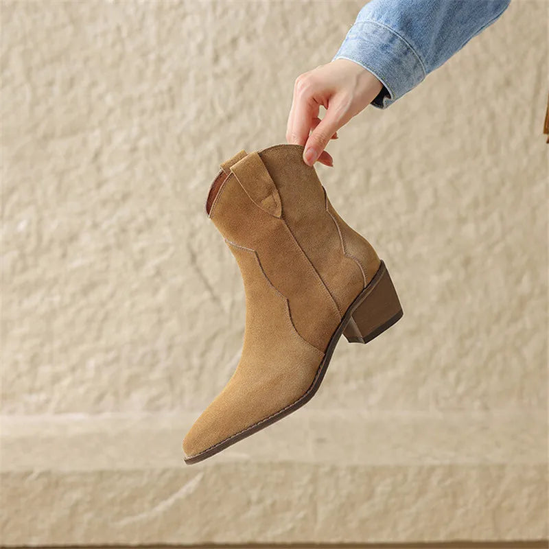 Cow Suede Pointed Toe Chunky Heel Boots