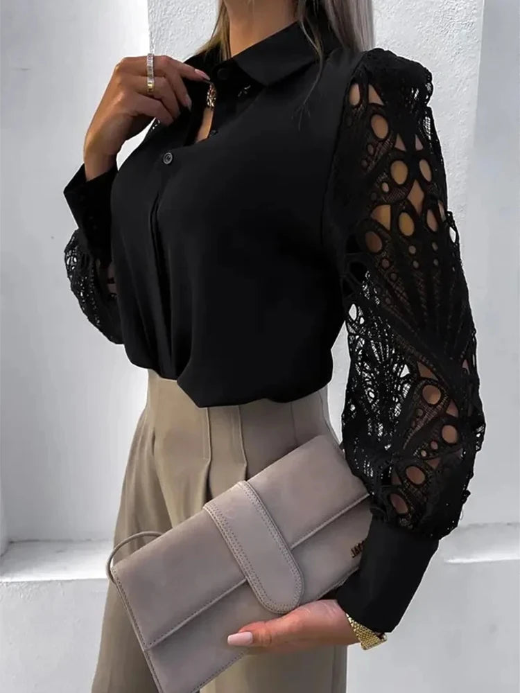 Elegant V-neck Lace Sleeve Cut-out Patchwork Office