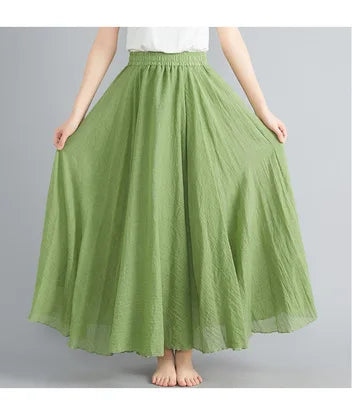 Cotton Linen Dress Elastic Waist Long Skirts