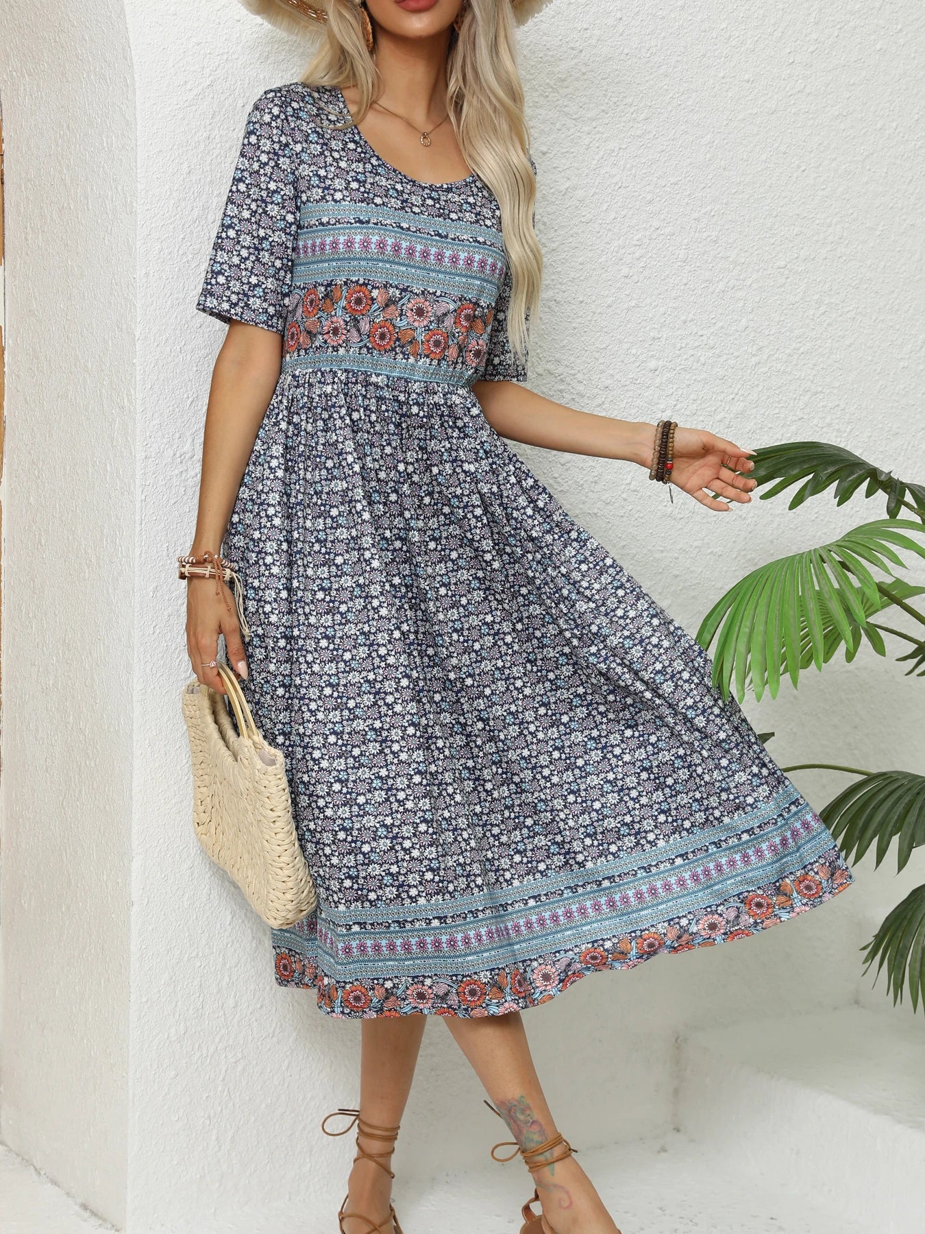 Round Neck Short Sleeve Print Dress