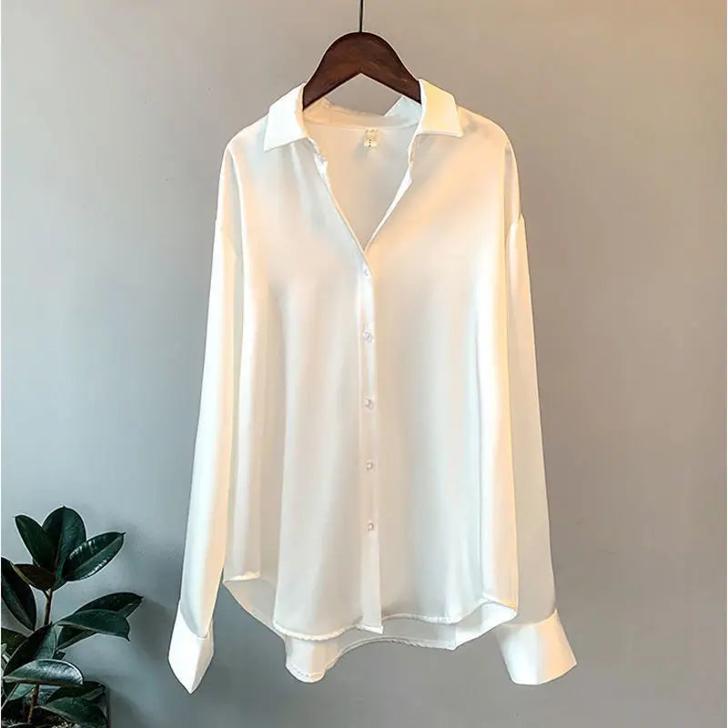 Women Satin Blouse Turn Down Collar