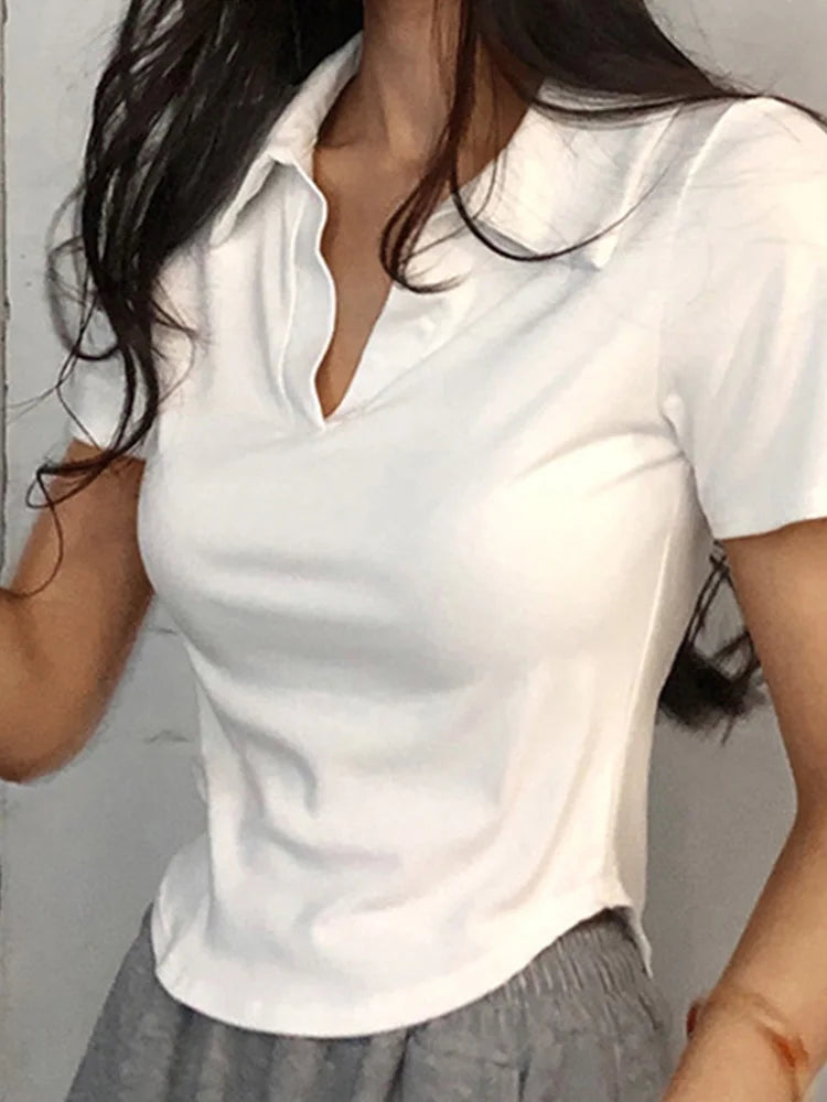 Short Sleeve Lapel Top  V-Neck Crop Top