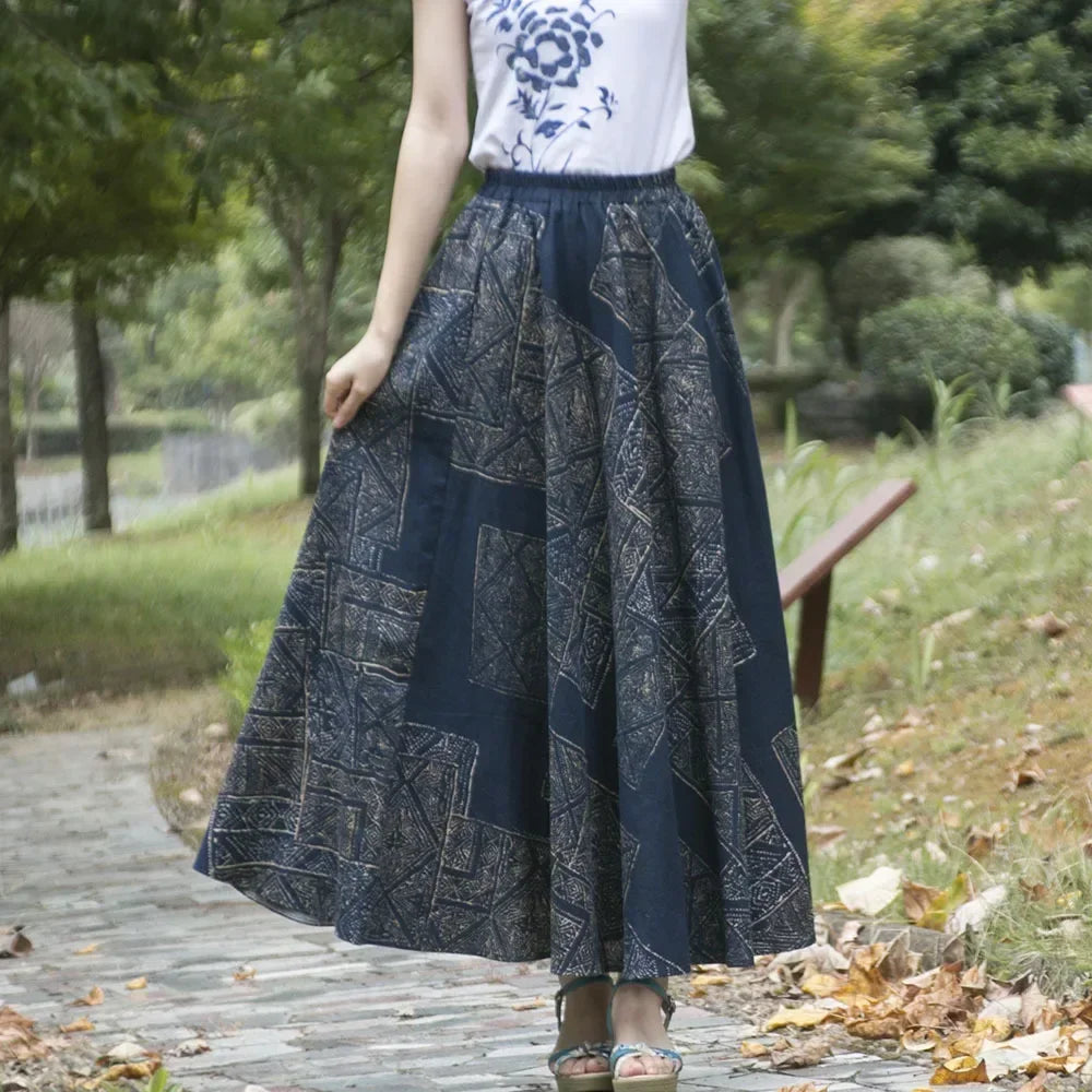 Cotton Linen Print Long Skirt Vintage