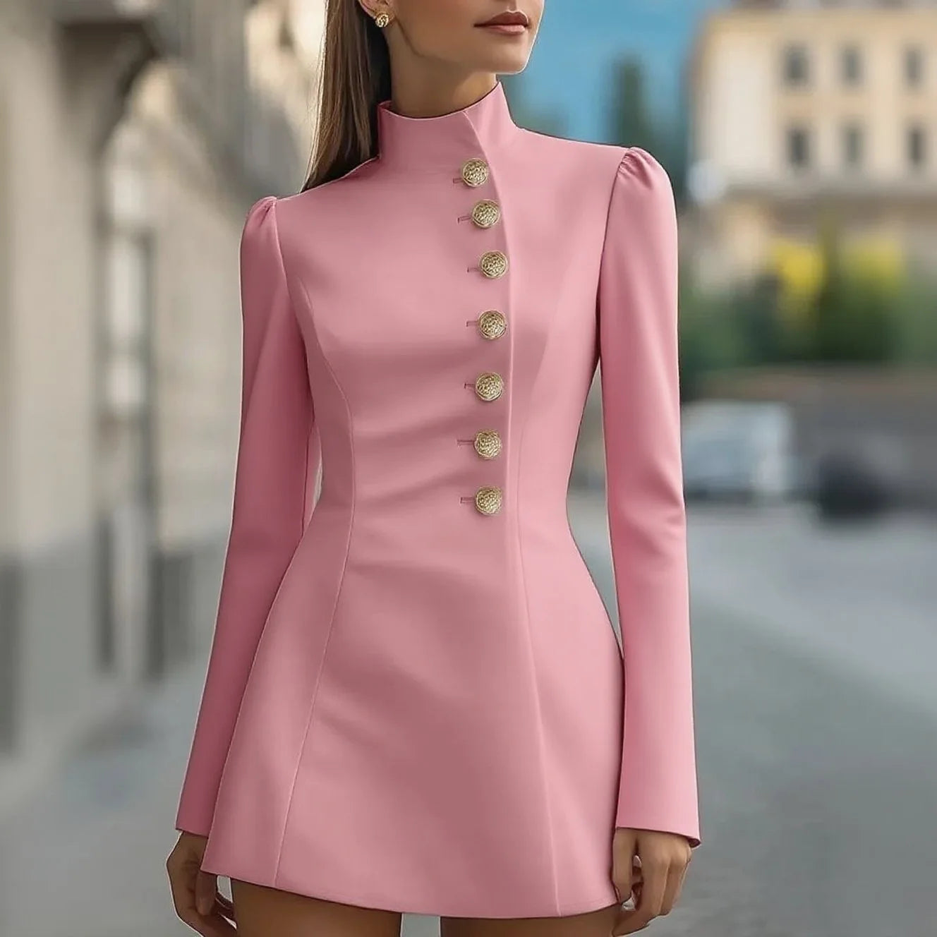Mini Dress Long Sleeve Solid Button Elegant