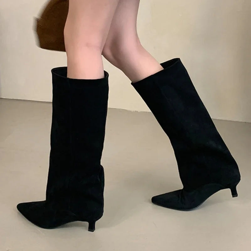 Pointed Toe Knee-High Boots Low Heels