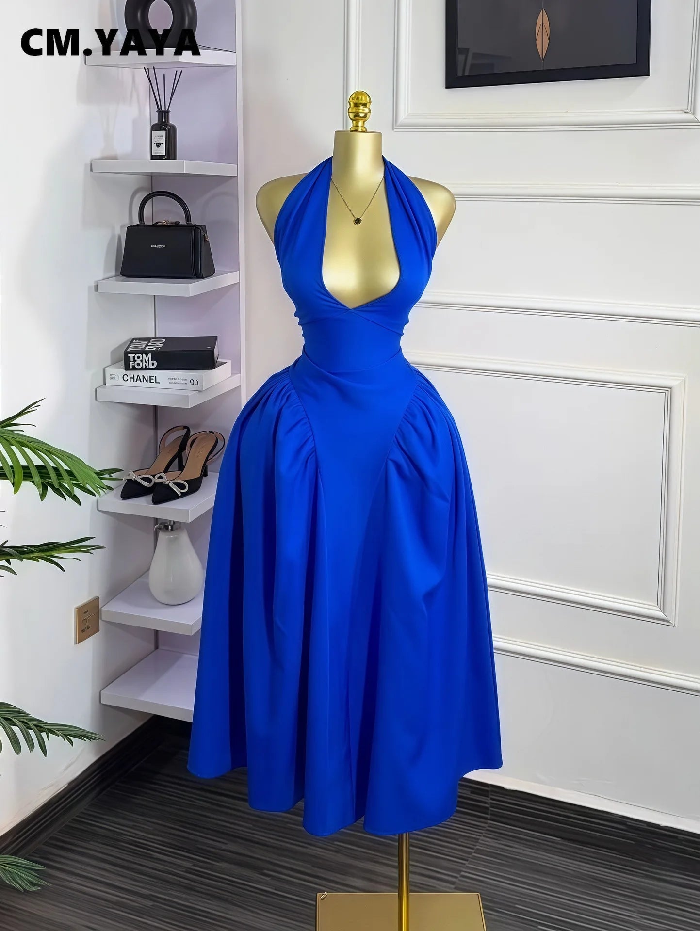 Halter V-neck Backless Sleeveless  Mid Maxi