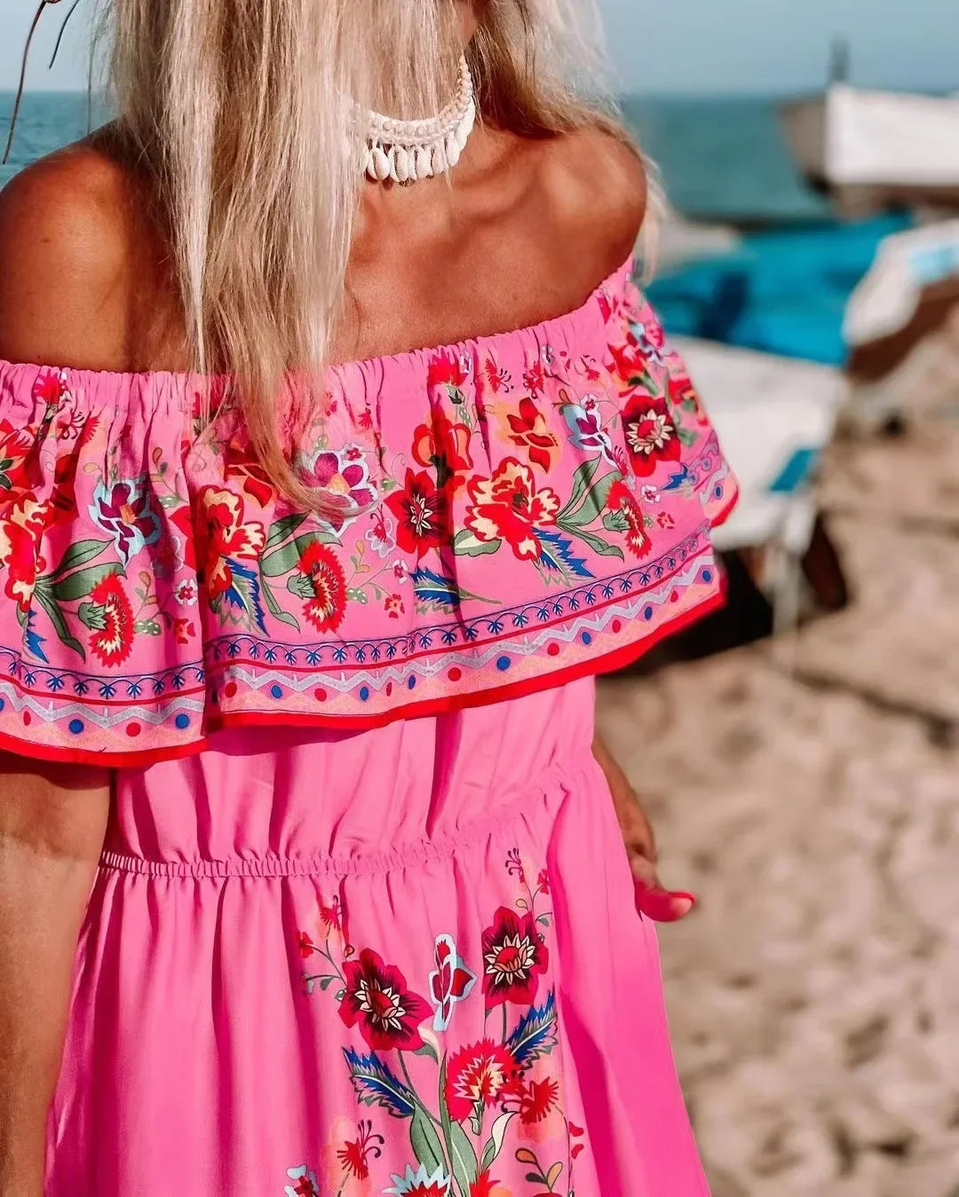 Summer Off-shoulder Red Flower Printing