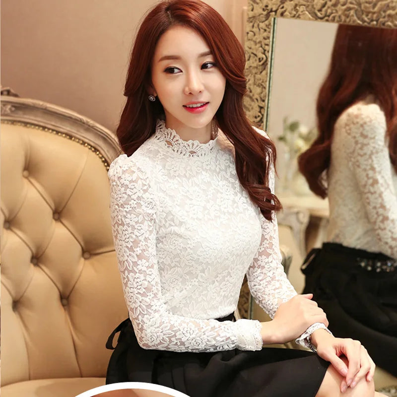 Lace Blouse Long Sleeve High Collar