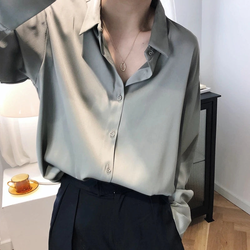 Satin Finish Blouses Long Sleeve Button