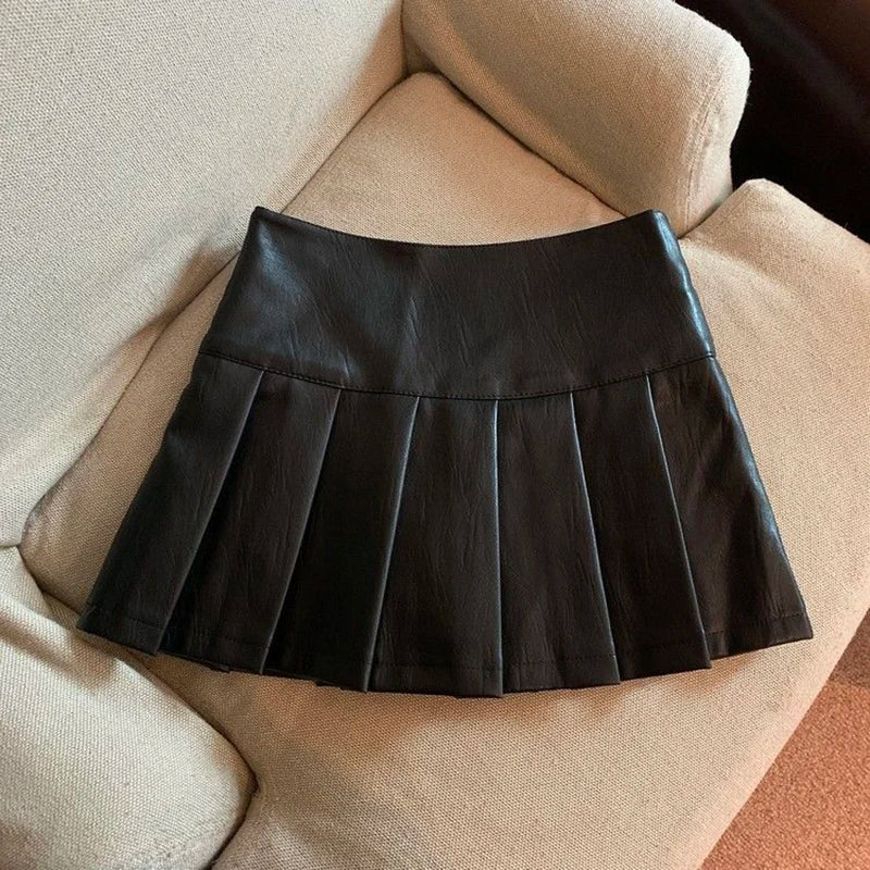 Leather Mini  High Waist Pleated Skirt