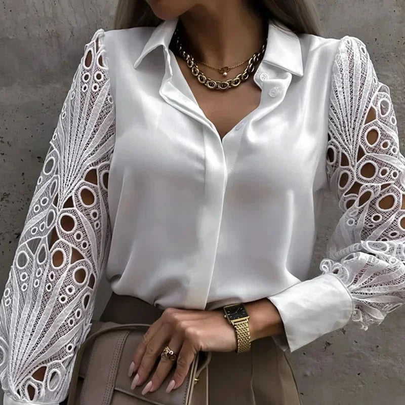 Elegant V-neck Lace Sleeve Cut-out Patchwork Office