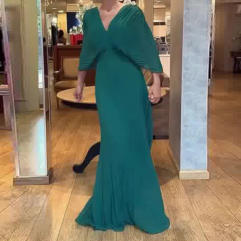 V-neck Casual 3/4 Sleeve Pleated Maxi Dress