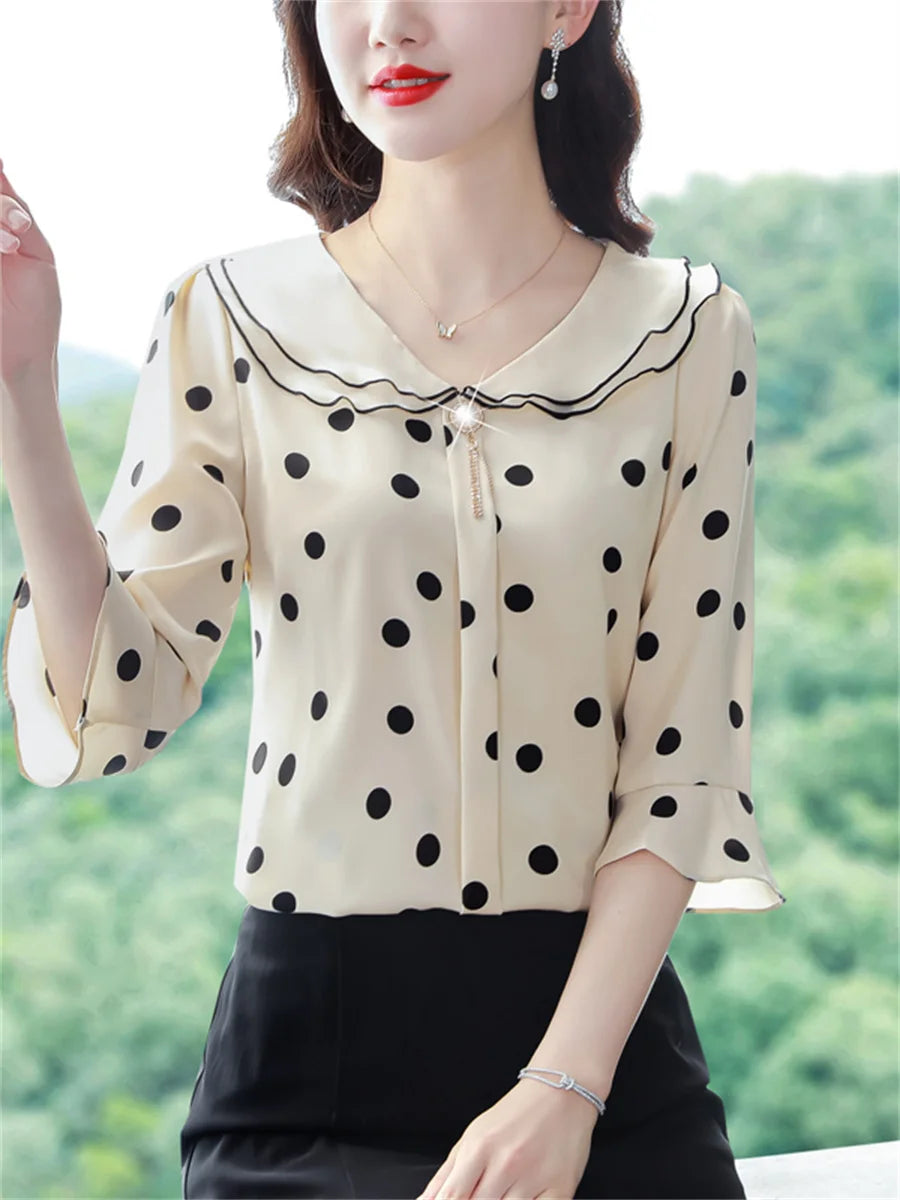 Polka Dots Half Sleeve Ruffles Collar